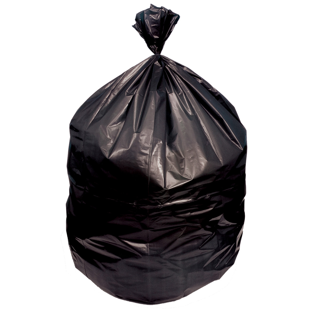 A large black garbage bag tied at the top, filled and standing upright against a white background. Eco Blend® Max 1.0-Mil. 40-45 Gal. LLDPE Black Can Liner (38 in. x 50 in., 20/Roll, 100/Case)